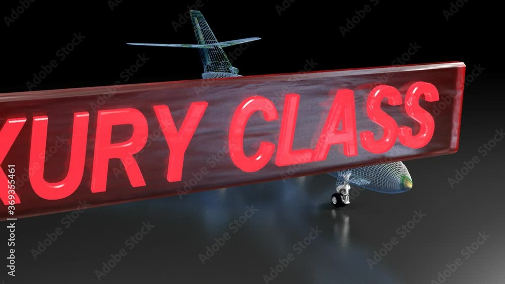 Aufkleber a blue wireframed aircraft model is on a black background and a red tag with the write luxury class 