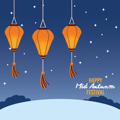 happy mid autumn festival with lanterns hanging at night