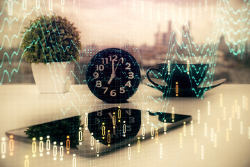 Double exposure of forex graph drawing and cell phone background. Concept of financial data analysis