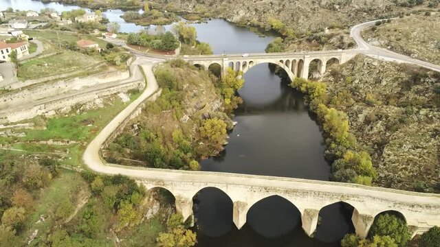 Bridge in Ledesma. Beautiful village of Salamanca,Spain. Aerial Drone Footage