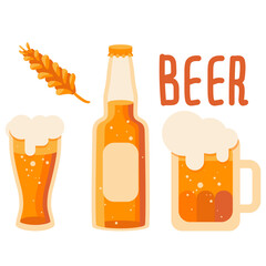 Wheat and mug of beer on white isolated backdrop. Bottle of beer for invitation or gift card, notebook, craft beer shop logo, scrapbook. Phone case or cloth print. Flat style stock vector illustration