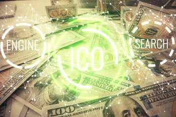 Multi exposure of crypto theme drawing over us dollars bill background. Concept of blockchain...