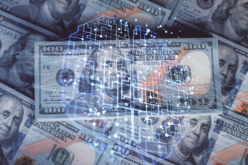 Double exposure of brain drawing over us dollars bill background. Technology concept.