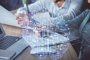 Double exposure of brain drawing over people taking notes background. Concept of Ai