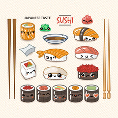 Kawaii set of sushi characters with cute emoji faces. Roll funny collection