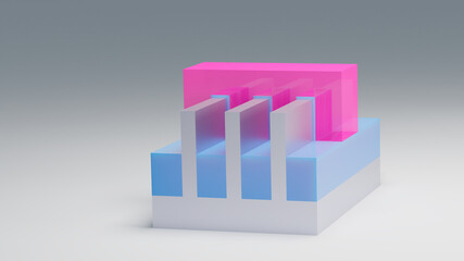 FINFET Trigate (Multigate) transistor 3D render model. Fin FET Tri gate transistor used in building semiconductor chips and integrated circuits at nano scale. Pink - Gate, blue - Insulator, Substrate