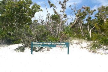 Whitehaven Beach sign with the whitest sand of the world, on Whitesunday Island, Queensland