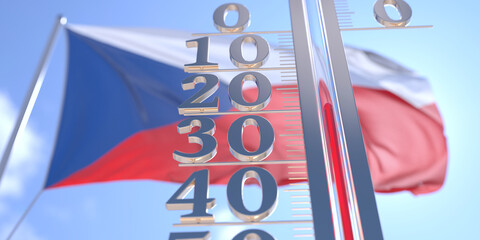Minus 20 degrees centigrade on a thermometer measuring air temperature near flag of the Czech Republic. Cold weather forecast related 3D rendering