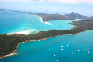 Fototapeta premium Aerial view of the Hill Inlet at Whitehaven Beach, with turquoise blue sea and the whitest sand of the world, on Whitesunday Island, Queensland