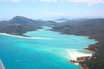Fototapeta na wymiar Aerial view of the Hill Inlet at Whitehaven Beach, with turquoise blue sea and the whitest sand of the world, on Whitesunday Island, Queensland