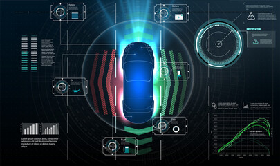 Autonomous car. Driverless car. Self driving vehicle. Future concepts smart auto. HUD, GUI, hologram Automatic braking system avoid car crash from car accident. Concept for driver assistance systems. 