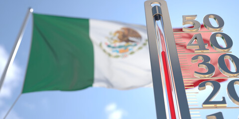 Thermometer shows high air temperature against blurred flag of Mexico. Hot weather forecast related 3D rendering