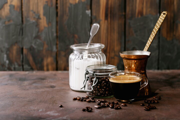 Fresh coffee in glass cup