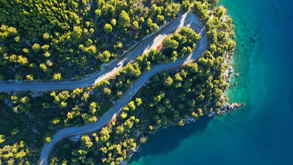 Aerial top down photo of snake road covered in pine trees leading to famous and picturesque small fishing village of Agnontas, Skopelos island, Sporades, Greece