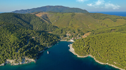 Aerial drone photo of small picturesque fjord looking port of Agnontas covered in pine trees ideal for safe anchoring, Skopelos island, Sporades, Greece