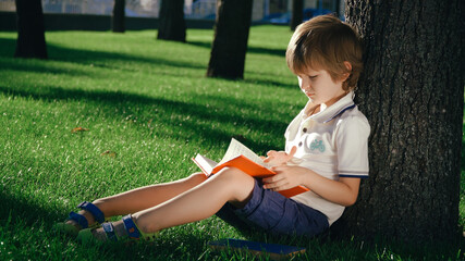 A boy is sitting under a big tree on the green grass and reading a book.
