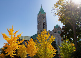 Fototapeta na wymiar Church steeple with yellow and green trees
