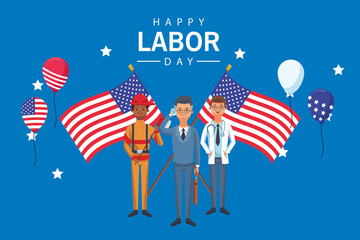 happy labor day celebration with workers and flags