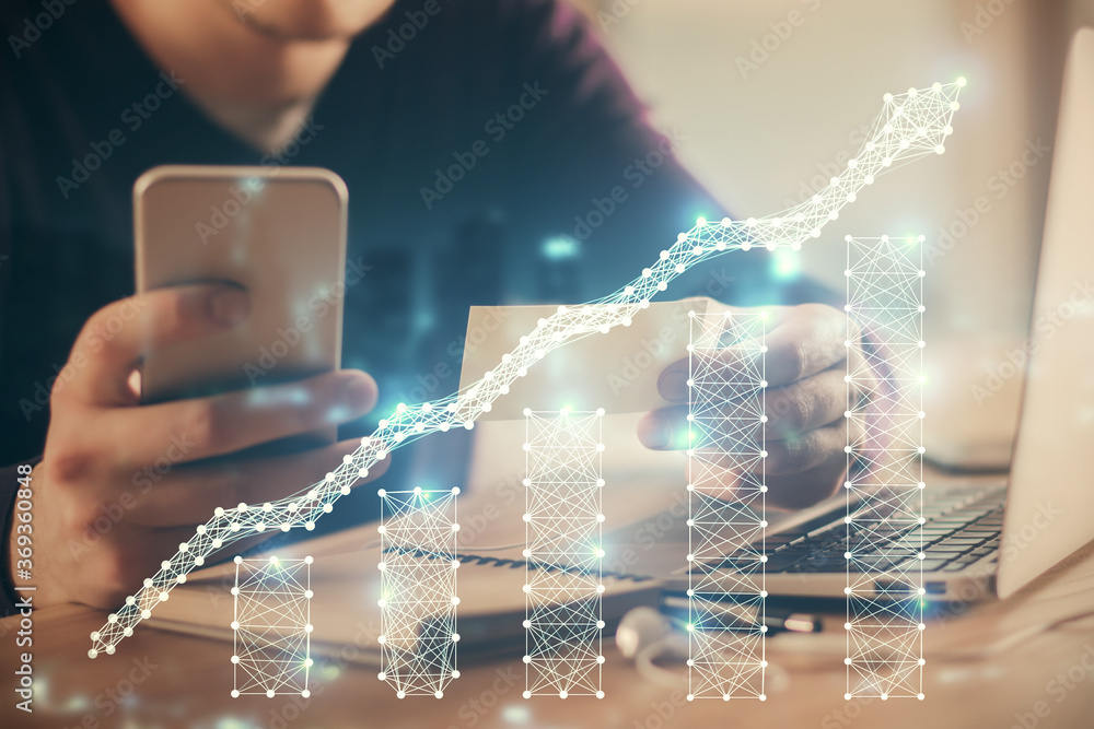 Poster Double exposure of man's hands holding and using a phone and financial graph drawing. Analysis concept.
