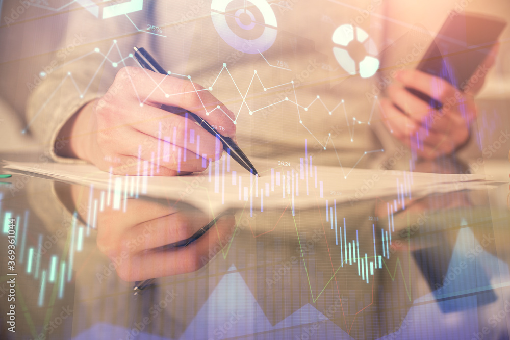 Poster double exposure of forex chart sketch hologram and woman holding and using a mobile device. financia