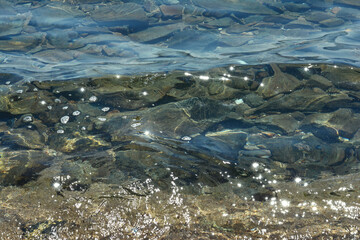 Texture of water. Abstract image of top view of shiny wave of clear sea water over sand beach, for...