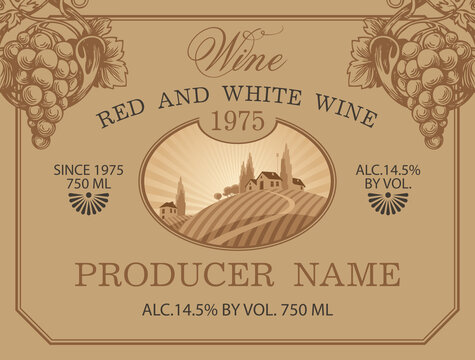 Wine label with a rural landscape of a European village, vineyards and hand-drawn bunches of grapes. Decorative vector label in retro style on a beige background