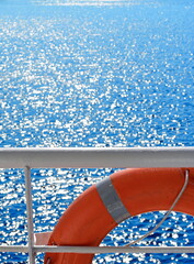  A lifebelt hang in front of a yacht Travelling concept.