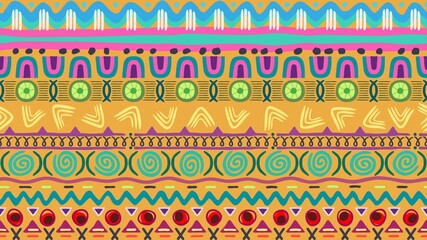 Fun vivid eye-catching gender neutral surface pattern in bright shades inspired by ethnic vibes with modern hand drawn elements for a commercial product, virtual background, interior object, scrapbook