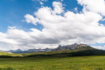 Obraz premium Typical landscape scene in the western USA of open ranchland with lush green, grassy fields beneath a snow-capped mountain range