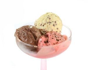 ice cream balls in transparent glass on white background. 