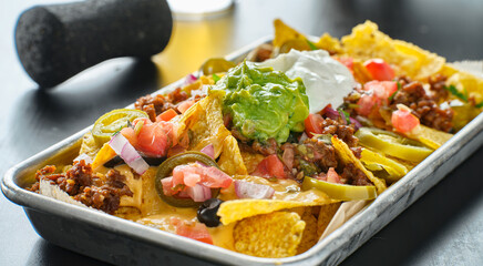 tray of loaded mexican nachos with beef and queso cheese