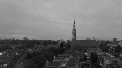 Black and White picture of the Groningener skyline at night