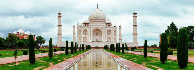 A panoramic view of the Taj Mahal in Agra, India.