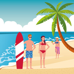 young people wearing swimsuits on the beach characters