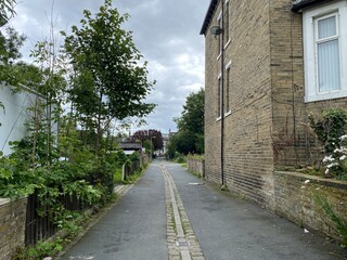 A back street, with houses and trees near the Keighley road by, Saltaire, Bradford, UK