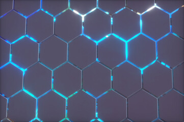 Abstract background with glowing hexagons. Futuristic technology honeycomb mosaic. 3D render illustration