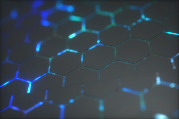 Abstract background with glowing hexagons. Futuristic technology honeycomb mosaic. 3D render illustration