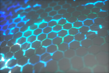 Abstract background with glowing hexagons. Futuristic technology honeycomb mosaic. 3D render...