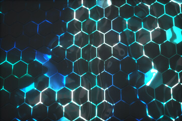 Abstract background with glowing hexagons. Futuristic technology honeycomb mosaic. 3D render illustration