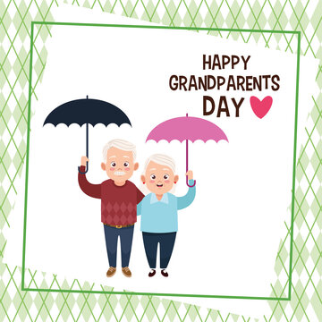 happy grandparents day card with old couple lifting umbrellas