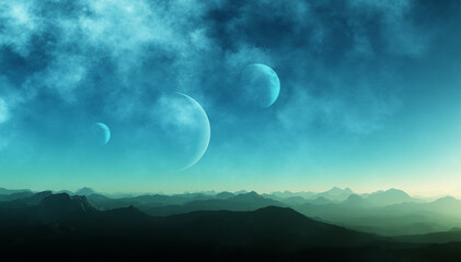 Naklejka na ściany i meble 3d rendered Space Art: Alien Planets - A Fantasy Landscape with blue skies and clouds