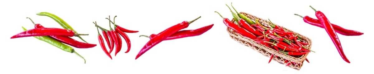 Collection isolated fresh hot pepper on white background for design elements. Raw food ingredient concept.