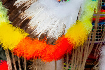 Close-up of feathers on an aboriginal head dress