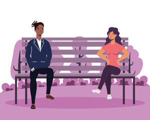 interracial young couple lovers in the park chair avatars characters