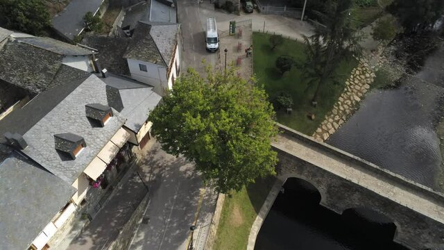 Camino de Santiago. Bridge of pilgrims in Molinaseca. Village in El Bierzo. Leon,Spain Aerial Drone Footage. 