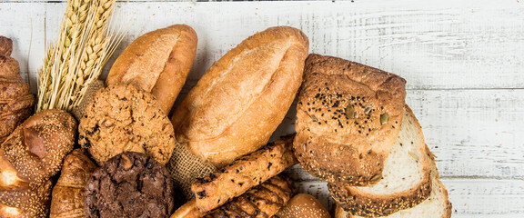Top view banner Bakery on wood background