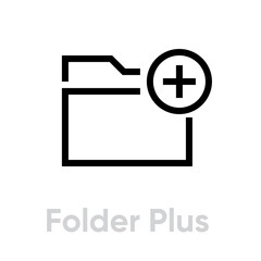Folder plus badge in flat style. Editable vector outline. Single pictogram. Add document in folder.