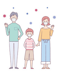 マスクをしている3人家族
