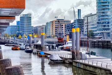 Boats and buildings in hamburg hafen Speicherstadt summer