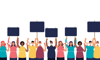 Obraz premium persons wearing medical masks protesting with placard and megaphone